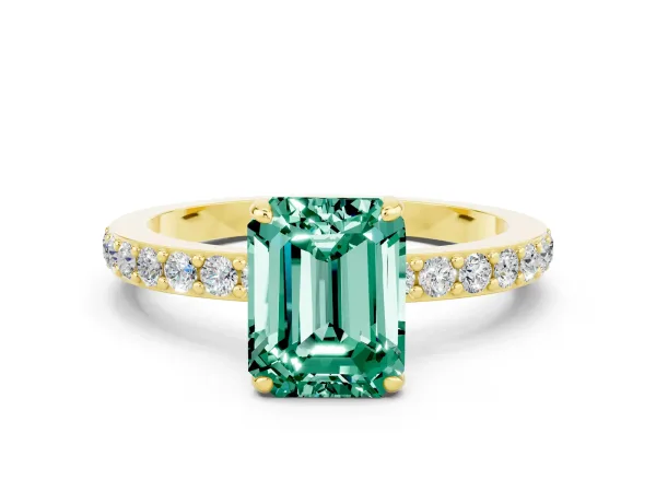 Emerald Cut Green Sapphire Solitaire Engagement Ring with Pavé Band and Four-Prong Setting Yellow gold