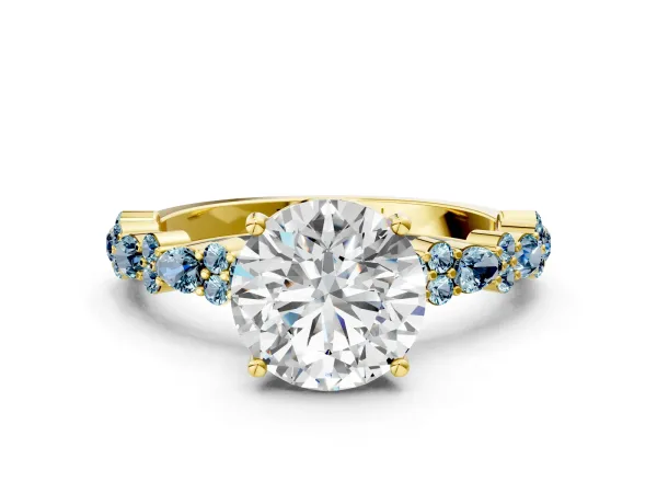 Round Cut Diamond Side Stone Solitaire Ring with Round Aquamarine and Four-Prong Setting Yellow gold
