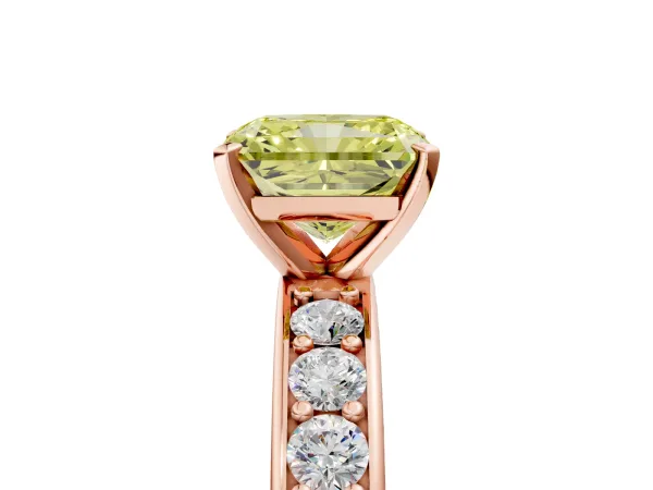 Fancy Yellow Radiant Cut Diamond Engagement Ring with Channel Set Round Band and Prong Setting Rose gold