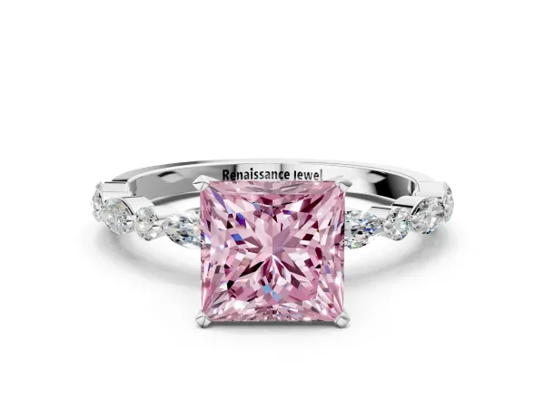 Fancy Pink Princess Cut Diamond Ring with Marquise and Round Side Stones and Four-Prong Setting White gold