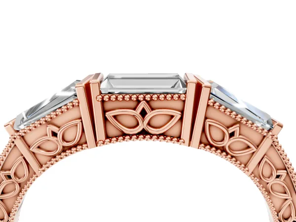 Baguette Cut Channel Set Milgrain Band with V-Prong Setting Rose gold