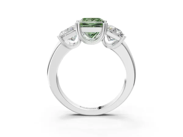 Fancy Green Three-Stone Princess Cut Cut Diamond Ring with Channel Set Band and Four-Prong Setting White gold