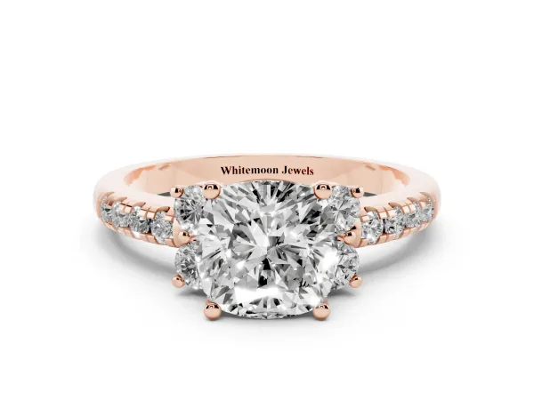 Cushion Cut Diamond Three-Stone Pave Band with Four-Prong Setting Rose gold