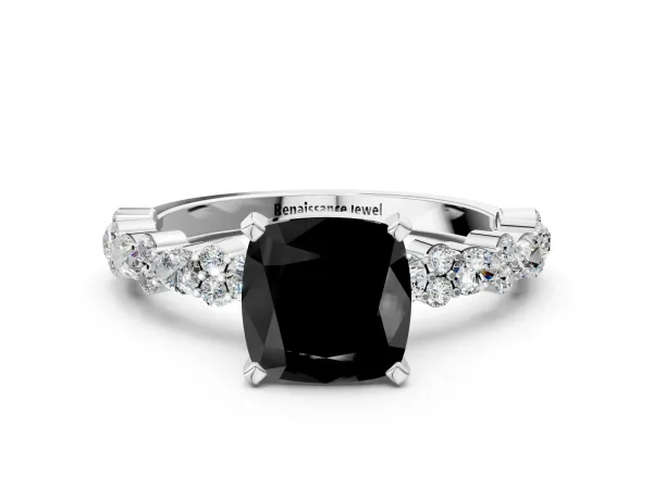 Fancy Black Cushion Cut Diamond Side Stone Solitaire Ring with Round and Four-Prong Setting Platinum