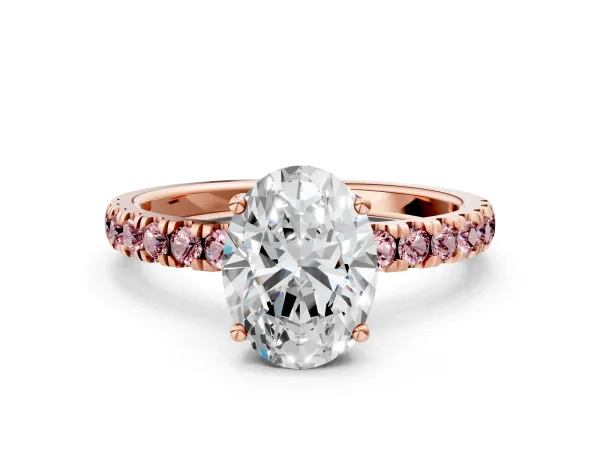 Oval Cut Diamond Pave Band Solitaire Ring with Round Morganite and Prong Setting Rose gold