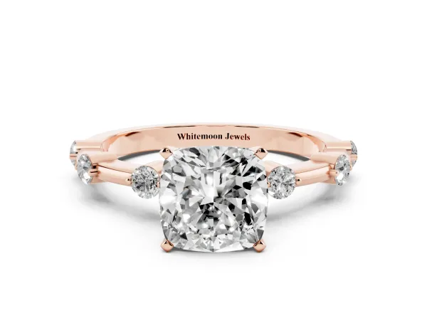 Cushion Cut Solitaire Diamond Ring with Bezel Set Side Stones and Prong Setting Rose gold