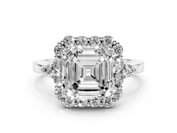 Asscher Cut Diamond Halo Ring with Pear Side Stones and Prong Setting Platinum