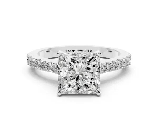 Princess Cut Cut Solitaire Diamond Engagement Ring with Pave Band and Four-Prong Setting Platinum