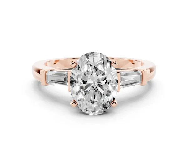 Oval Cut Cut Diamond Solitaire Ring with Tapered Baguette Accents and Four-Prong Setting Rose gold