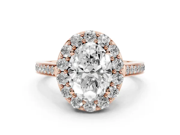 Oval Cut Diamond Floral Halo Ring with Pavé Band and Prong Setting Rose gold