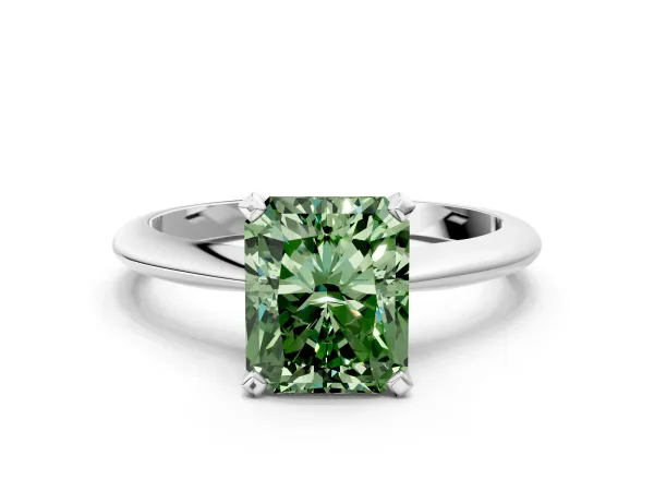 Fancy Green Radiant Cut Diamond Solitaire Engagement Ring with Classic Band and Four-Prong Setting Silver