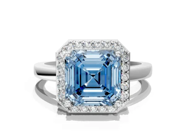 Fancy Blue Asscher Cut Halo Diamond Ring with Solitaire Band and Prong Setting Platinum