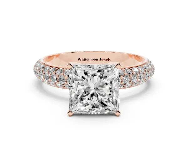 Princess Cut Diamond Solitaire Ring with Prong Setting and Pavé Band Rose gold