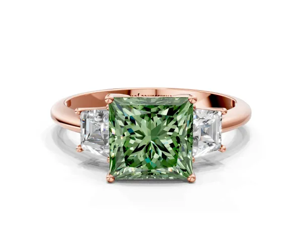 Fancy Green Princess Cut Diamond Three-Stone Ring with Trapezoid Side Stones and Prong Setting Rose gold