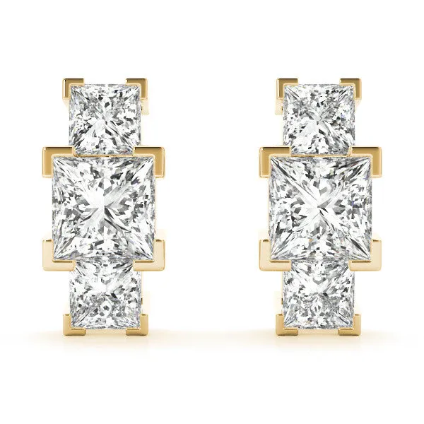 Three-Stone Princess Cut Channel Set Earrings with Bar Prong Setting Yellow gold