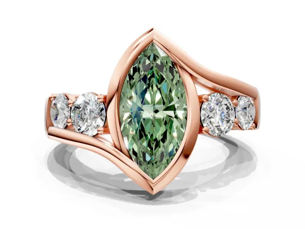 Fancy Green Bezel Set Marquise Cut Diamond Bypass Ring with Round Accents Rose gold