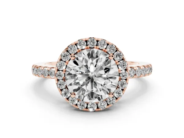 Round Cut Halo Diamond Engagement Ring with Pavé Band and Four-Prong Setting Rose gold