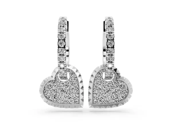 Round Diamond Heart Charm Huggie Hoop Earrings Platinum