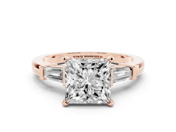 Princess Cut Cut Diamond Solitaire Ring with Tapered Baguette Accents and Four-Prong Setting Rose gold
