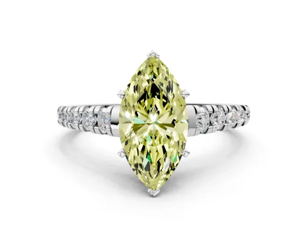 Fancy Yellow Marquise Cut Diamond Cathedral Solitaire Ring with Round Pavé Band White gold