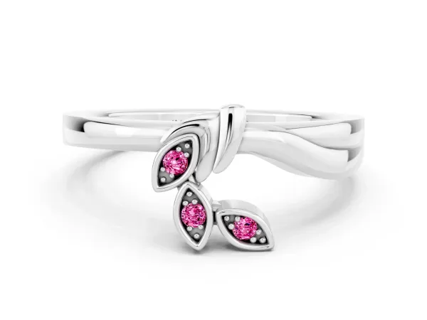 Three-Stone Round Pink Sapphire Leaf Bypass Ring with Bezel Setting Platinum
