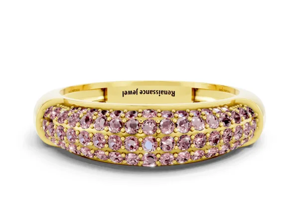 Three-Row Pavé Round Morganite Dome Band Yellow gold
