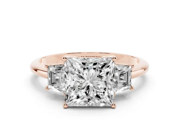 Princess Cut Diamond Three-Stone Ring with Trapezoid Side Stones and Prong Setting Rose gold