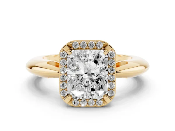 Radiant Cut Cut Diamond Halo Engagement Ring with Split Shank and Four-Prong Setting Yellow gold