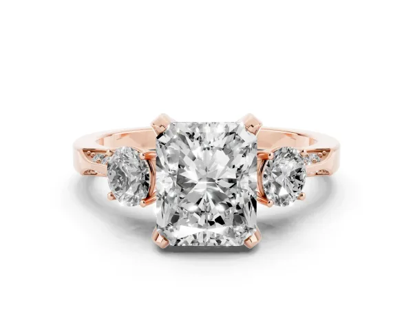 Radiant Cut Brilliant Three-Stone Diamond Ring with Pavé Band and Four-Prong Setting Rose gold