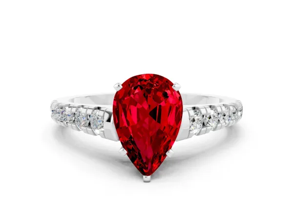 Pear Cut Ruby Cathedral Solitaire Ring with Round Pavé Band Silver