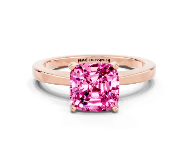 Cushion Cut Pink Sapphire Solitaire Engagement Ring with Classic Band and Four-Prong Setting Rose gold