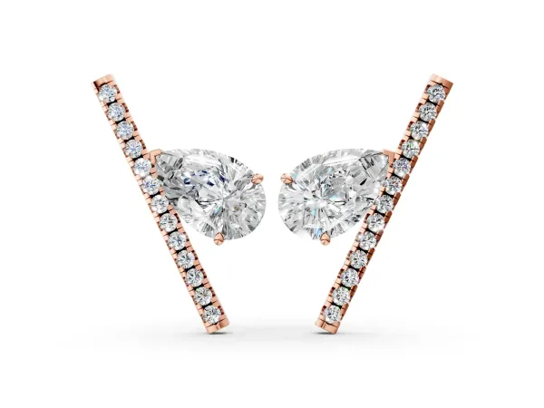 Pear Diamond Stud Earrings with Round Micro Pavé Bar Rose gold