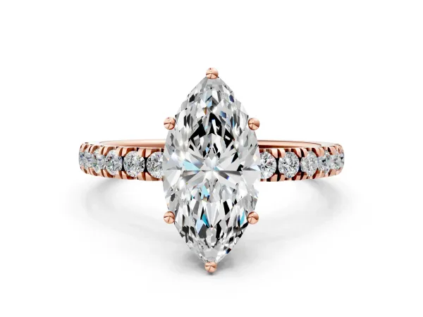Marquise Cut Diamond Pave Band Solitaire Ring with Round and Prong Setting Rose gold