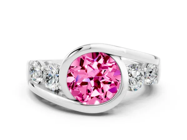Bezel Set Round Cut Pink Sapphire Bypass Ring with Round Accents Platinum
