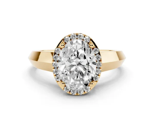 Oval Cut Halo Diamond Ring with Cathedral Band and Four-Prong Setting Yellow gold