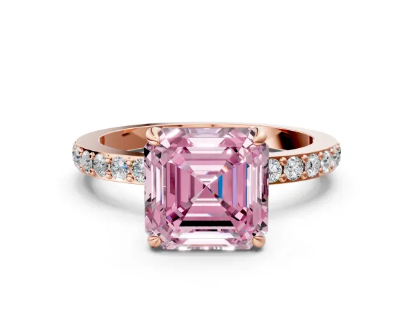 Fancy Pink Asscher Cut Diamond Solitaire Engagement Ring with Pavé Band and Four-Prong Setting Rose gold