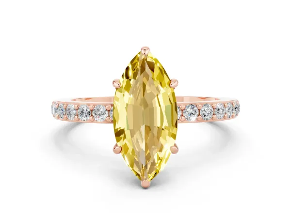 Marquise Cut Yellow Sapphire Solitaire Engagement Ring with Pavé Band and Four-Prong Setting Rose gold