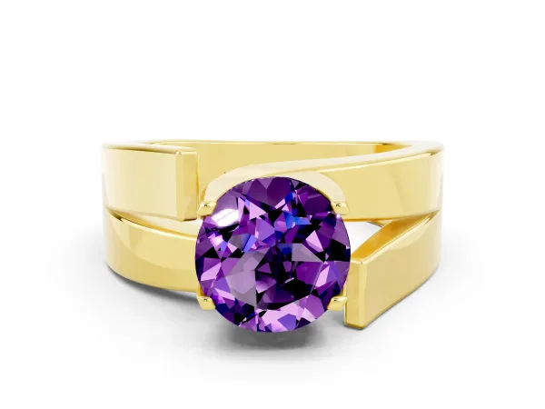 Modern Tension Set Round Cut Amethyst Solitaire Wide Band Ring Yellow gold