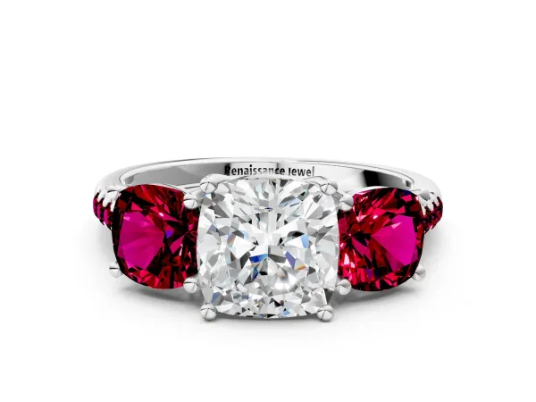 Three-Stone Cushion Cut Diamond Ring with Round Garnet Pavé Band and Prong Setting Platinum