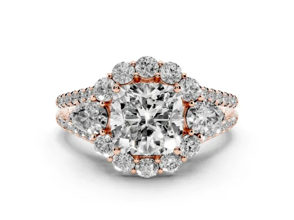 Cushion Cut Halo Split Shank Diamond Engagement Ring with Prong Setting Rose gold