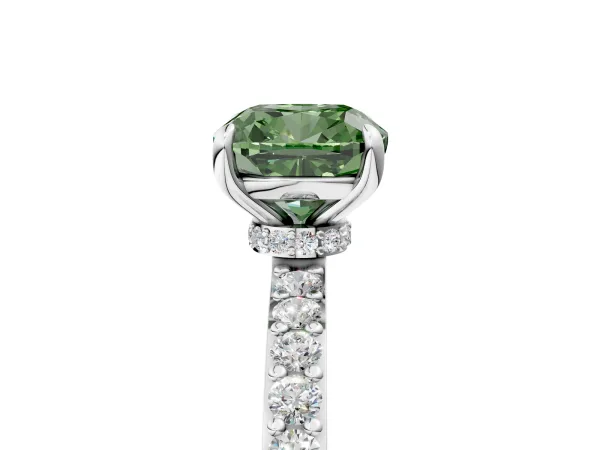 Fancy Green Cushion Cut Diamond Solitaire Engagement Ring with Pavé Band and Four-Prong Setting Platinum