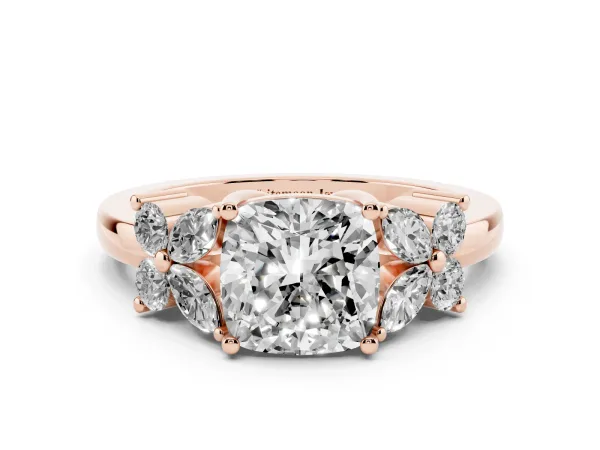 Cushion Cut Diamond Floral Cluster Ring with Solitaire Band and Prong Setting Rose gold