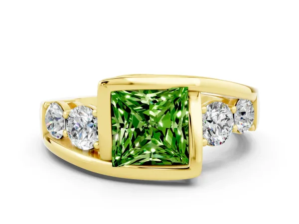 Bezel Set Princess Cut Peridot Bypass Ring with Round Accents Yellow gold