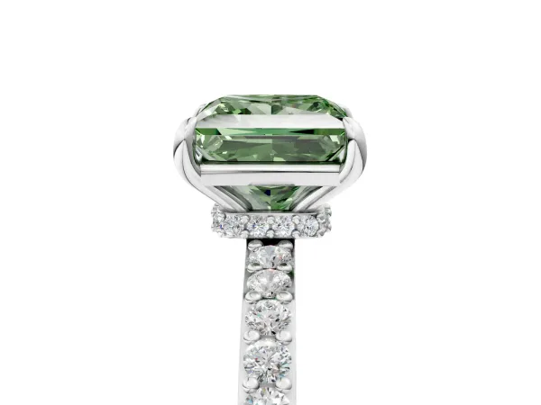 Fancy Green Princess Cut Diamond Solitaire Engagement Ring with Pavé Band and Four-Prong Setting Silver