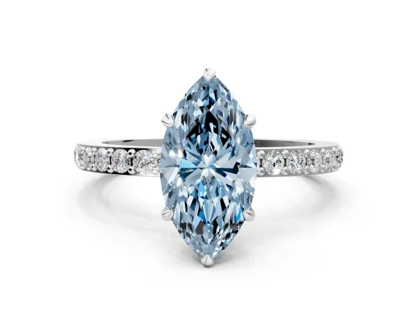 Fancy Blue Marquise Cut Diamond Solitaire Engagement Ring with Pavé Band and Four-Prong Setting Platinum