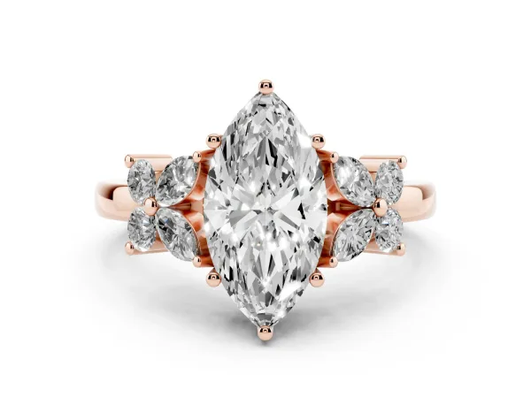 Marquise Cut Diamond Floral Cluster Ring with Solitaire Band and Prong Setting Rose gold