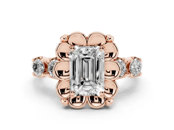 Emerald Cut Cut Diamond Floral Halo Engagement Ring with Shared Prong Setting Rose gold