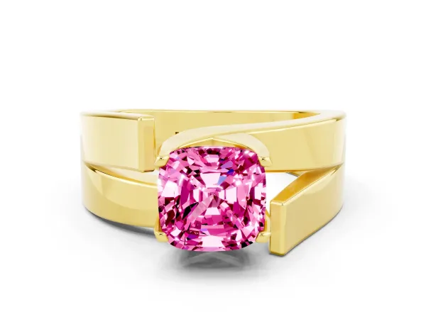 Modern Tension Set Cushion Cut Pink Sapphire Solitaire Wide Band Ring Yellow gold