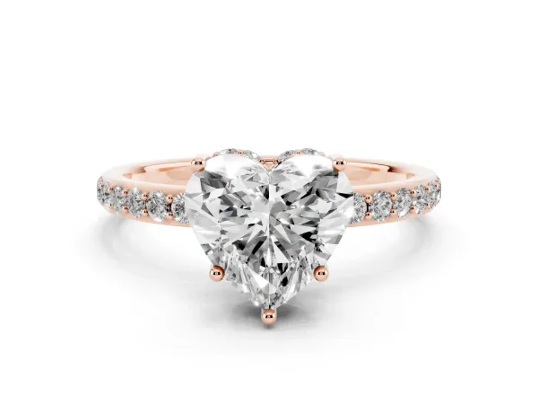 Heart Cut Diamond Solitaire Ring with Pavé Band and Hidden Halo Rose gold
