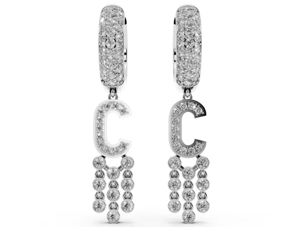 Round Diamond Initial C Huggie Hoop Earrings Silver